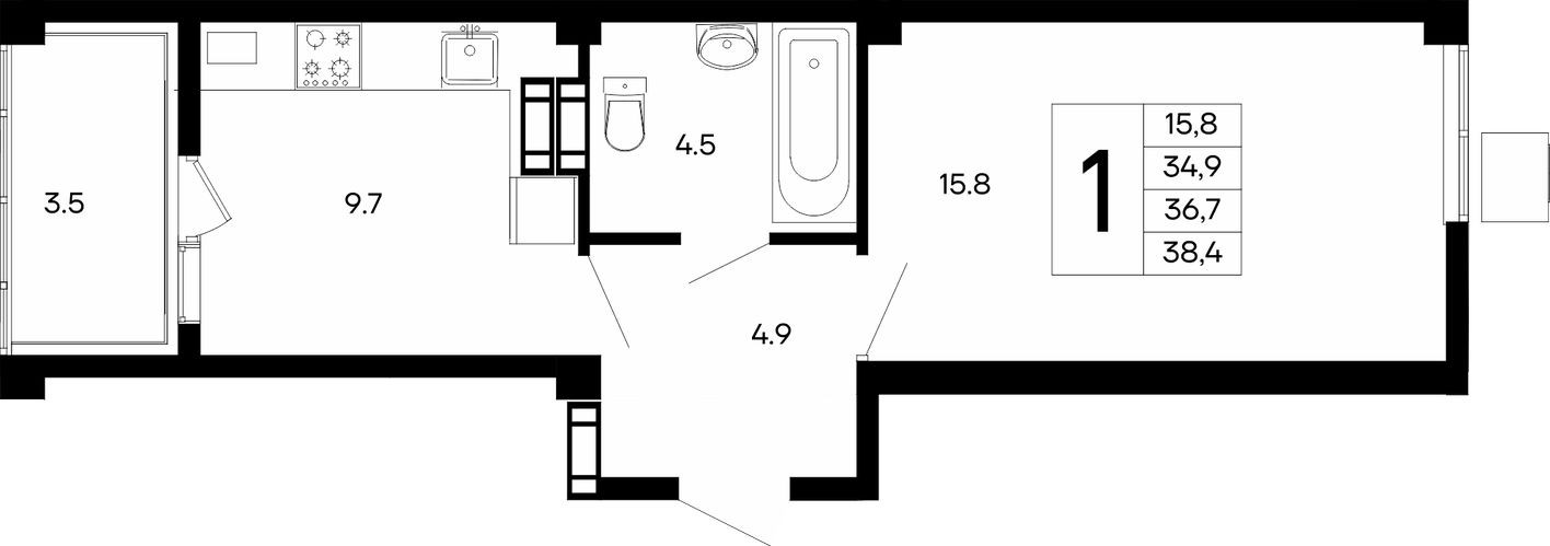 1к. квартира, 38.4 м²