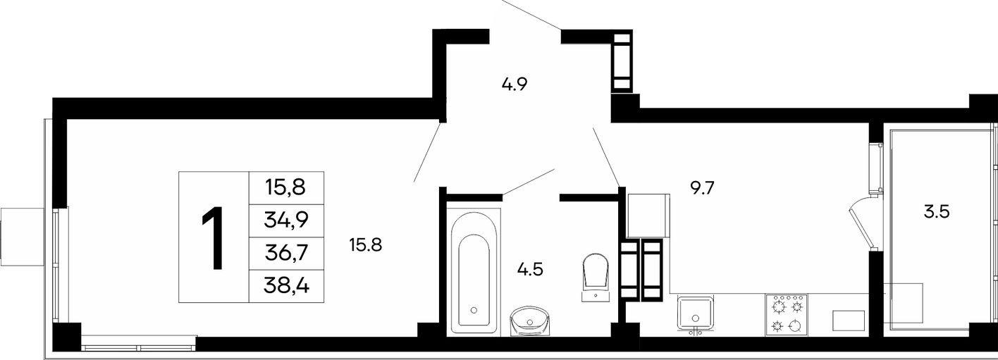 1к. квартира, 38.4 м²
