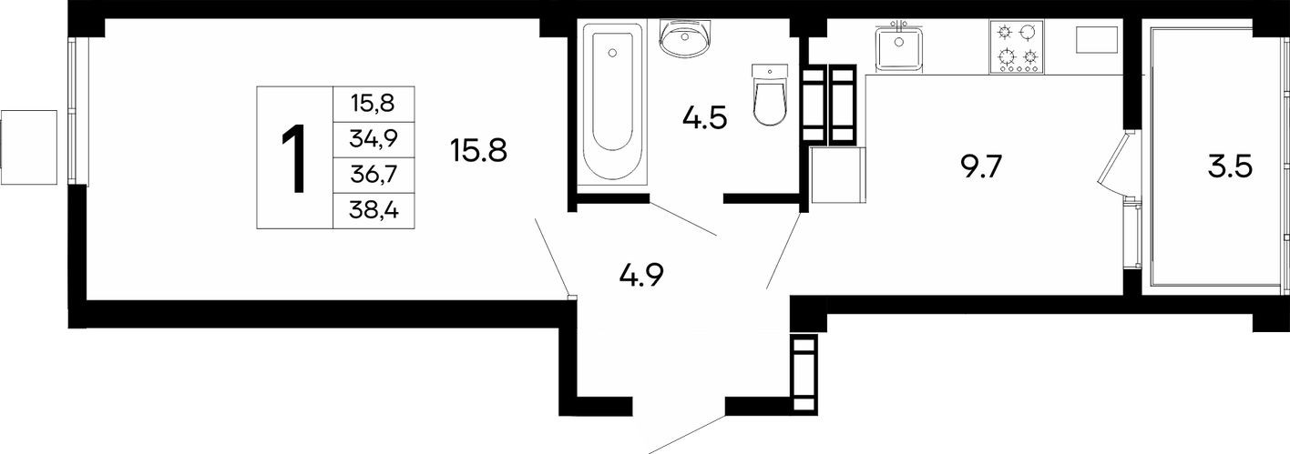 1к. квартира, 38.4 м²