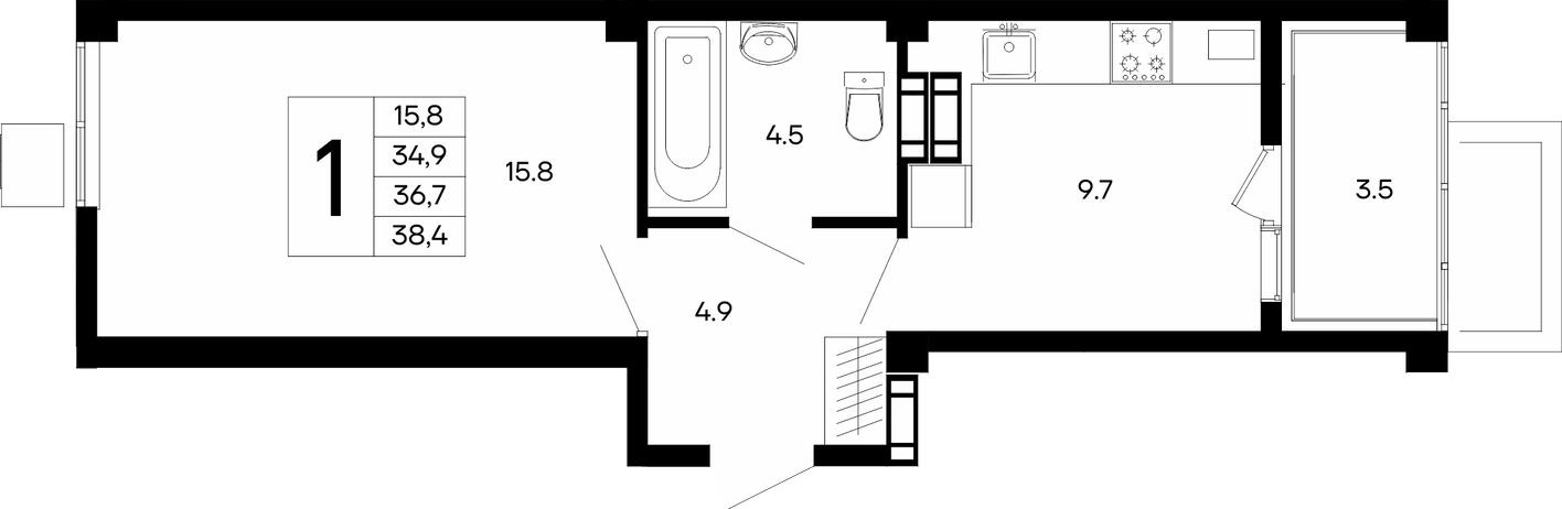 1к. квартира, 38.4 м²