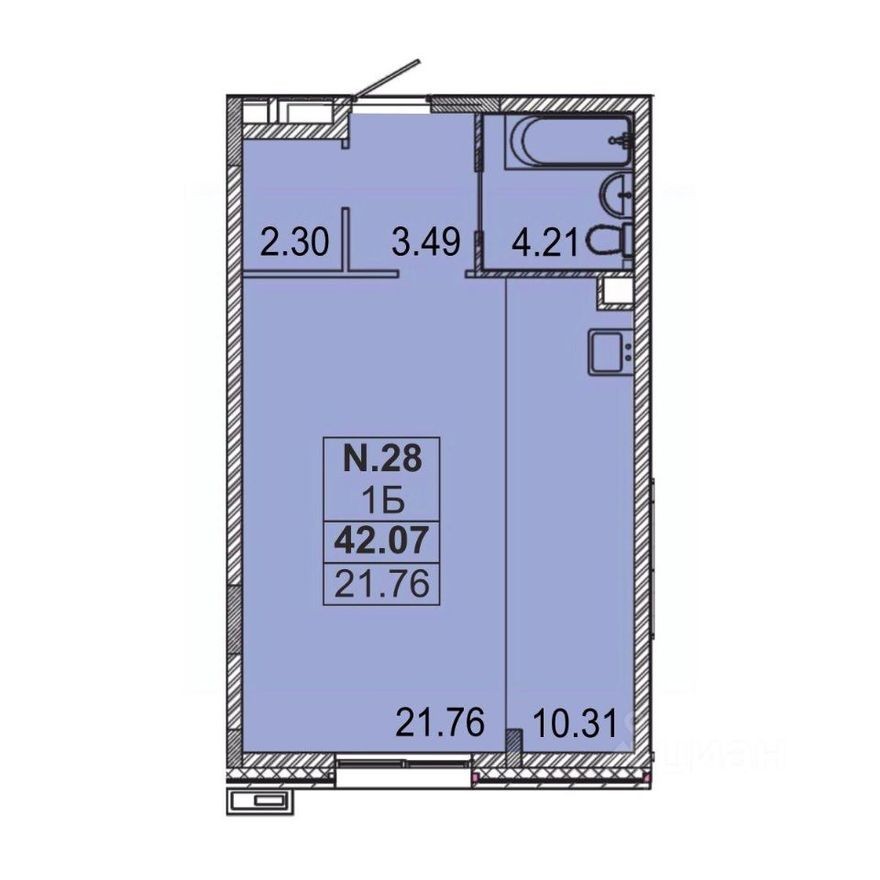 1к. квартира, 42.1 м²