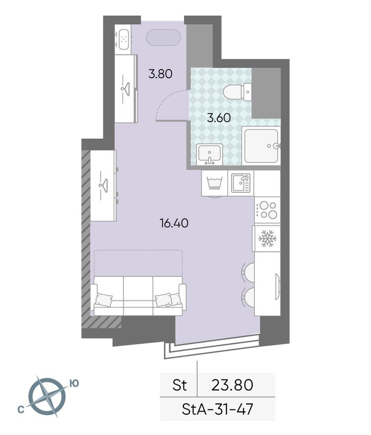 Студия-квартира, 23.8 м²