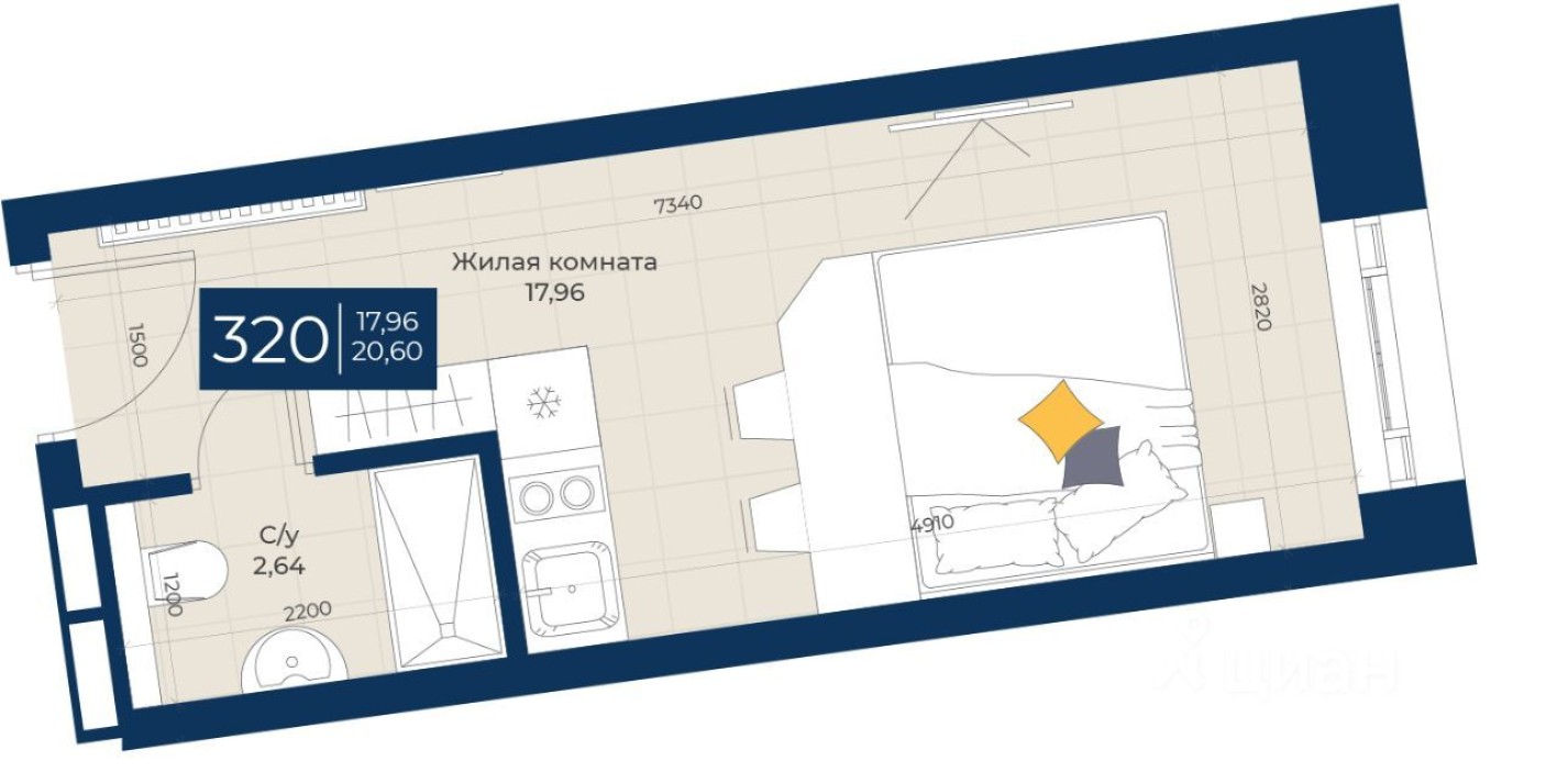 1к. квартира, 20.1 м²