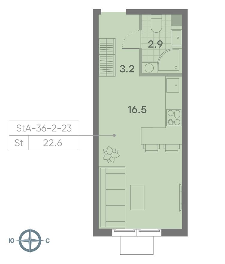 Студия-квартира, 22.6 м²