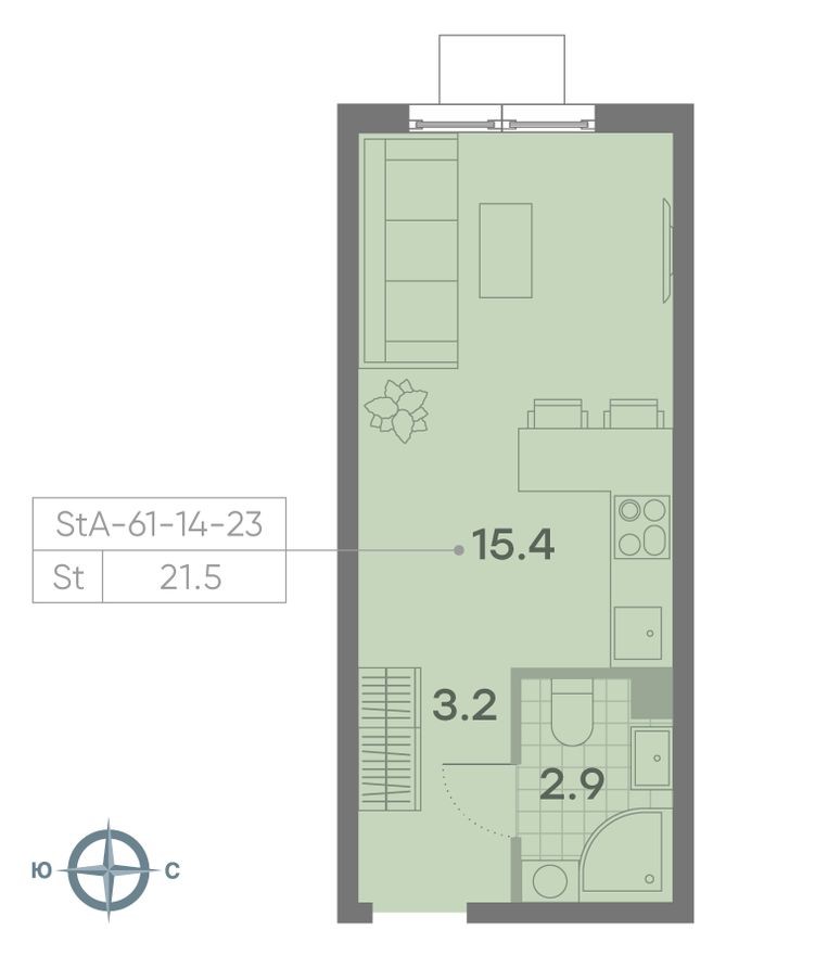 Студия-квартира, 21.6 м²