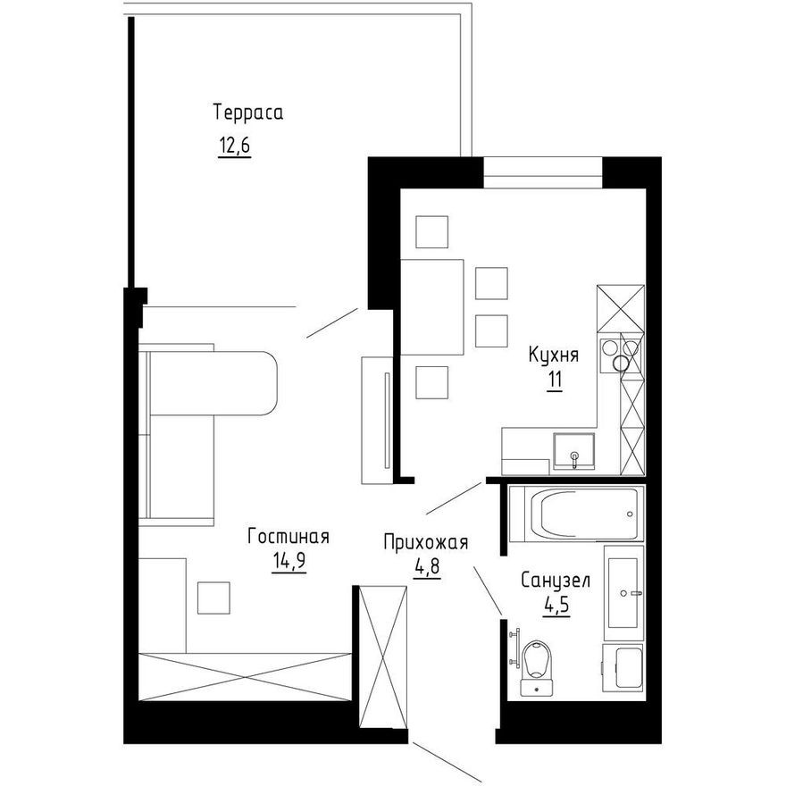 1к. квартира, 35.0 м²