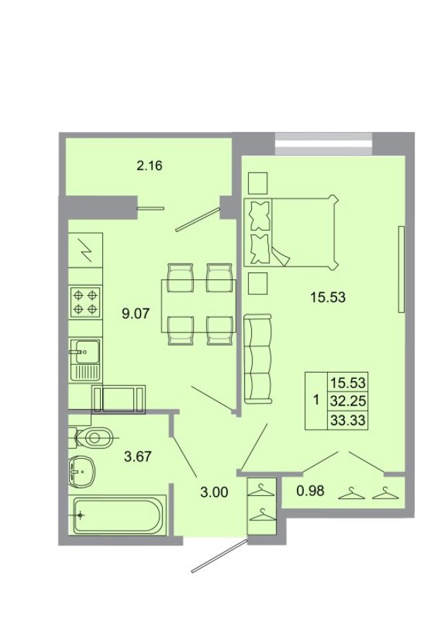 1к. квартира, 32.4 м²