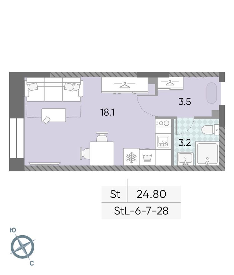 Студия-квартира, 24.8 м²