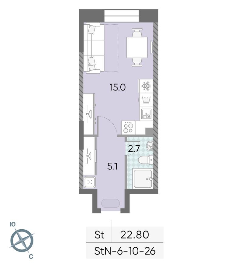 Студия-квартира, 22.8 м²