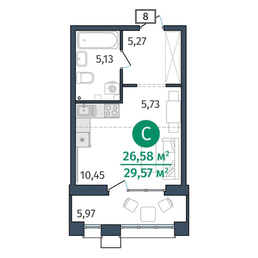 Студия-квартира, 26.6 м²