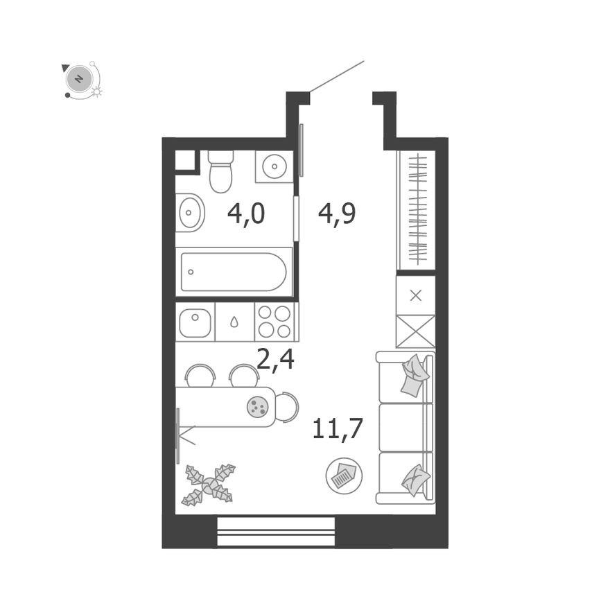 9к. квартира, 23.0 м²