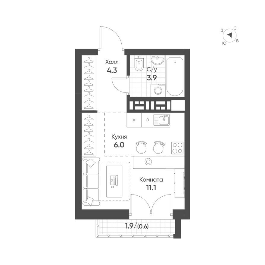 Студия-квартира, 25.9 м²