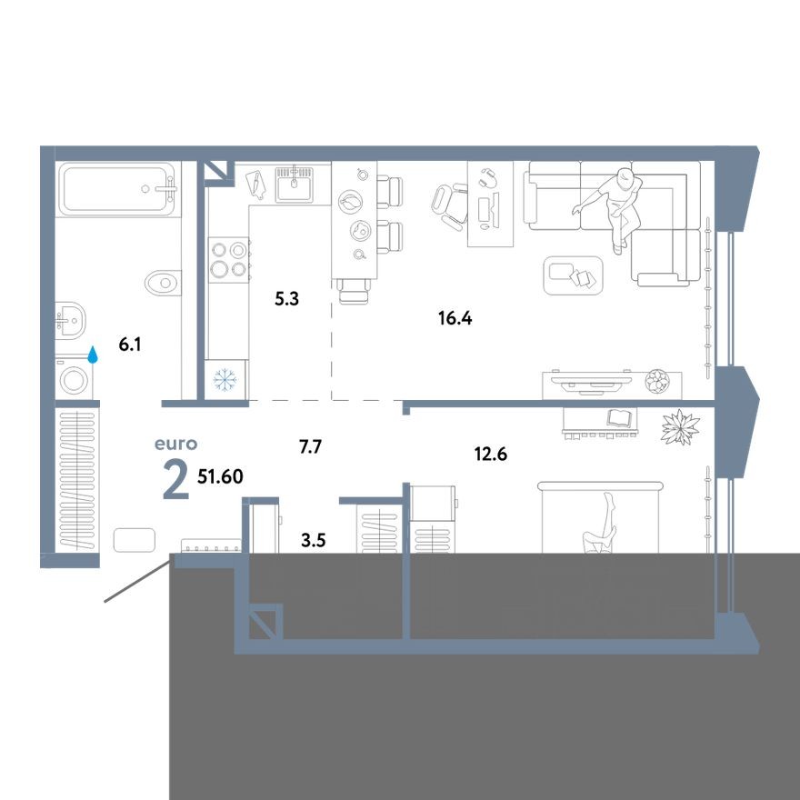 2е квартира, 51.6 м²