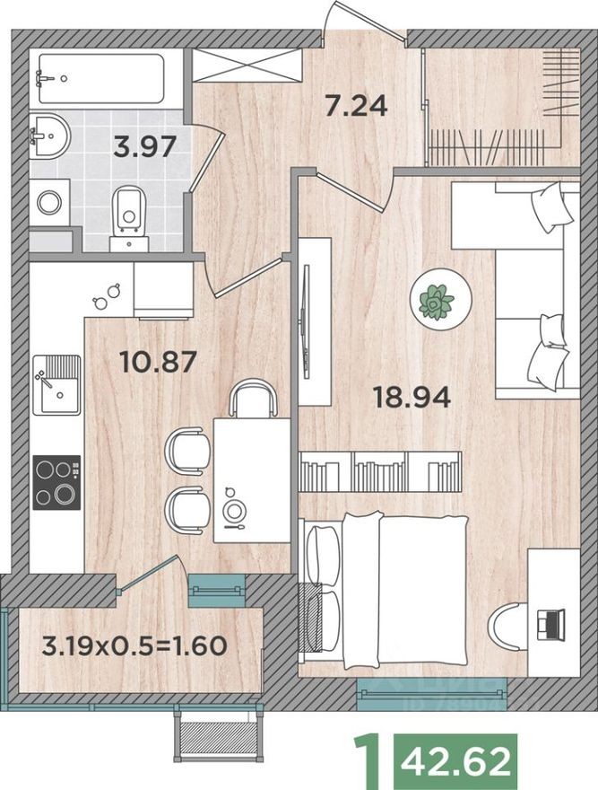 1к. квартира, 42.6 м²