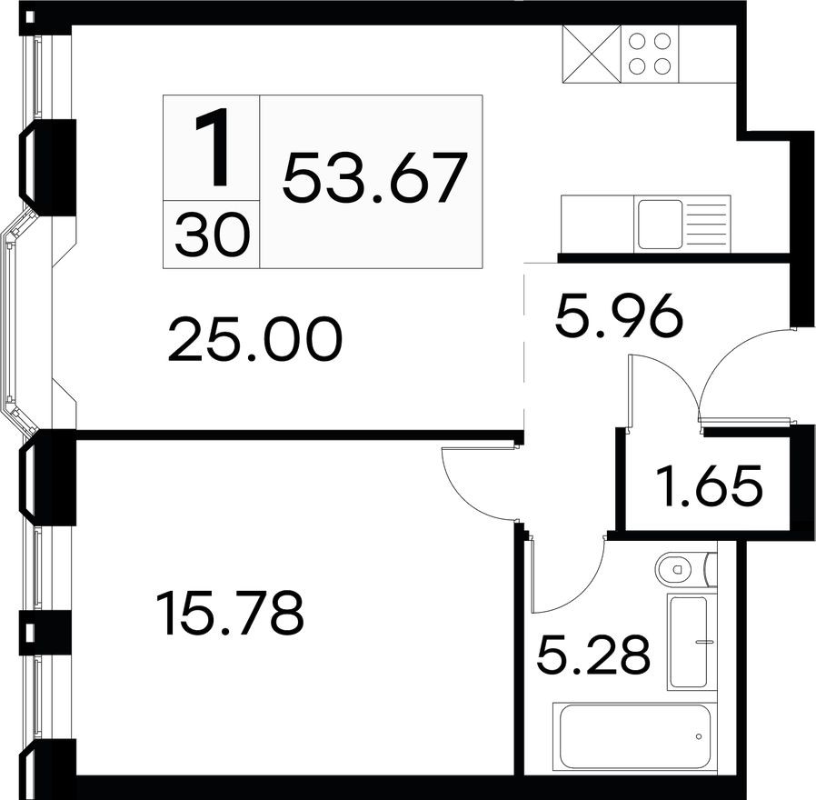 1к. апартаменты, 53.7 м²