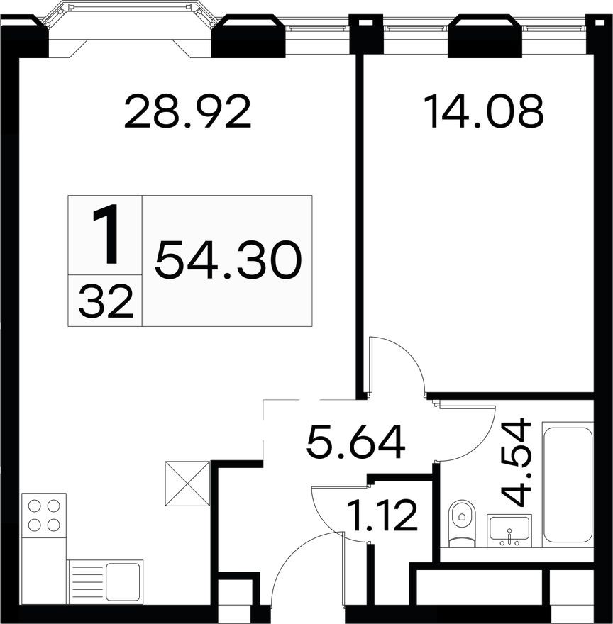 1к. апартаменты, 54.3 м²