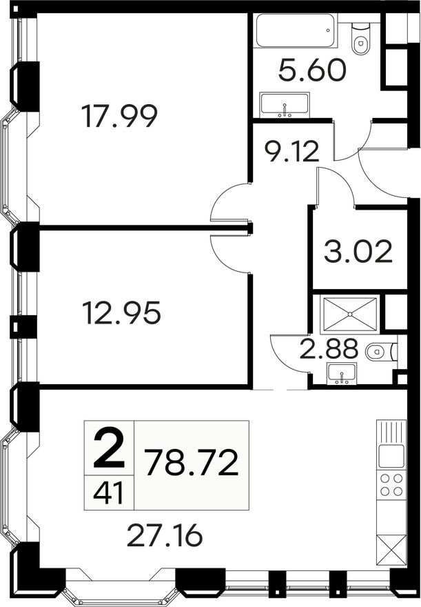 2к. апартаменты, 78.7 м²