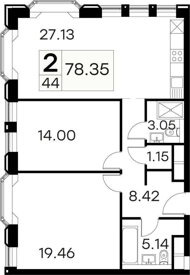 2к. апартаменты, 78.4 м²