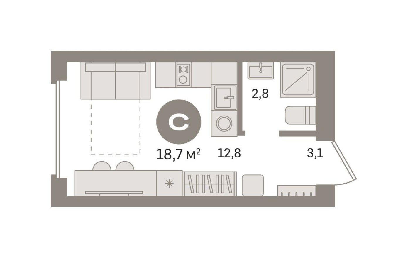 Студия-квартира, 18.7 м²