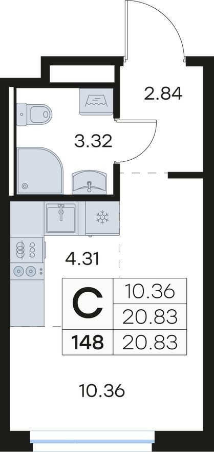 Студия-квартира, 20.8 м²