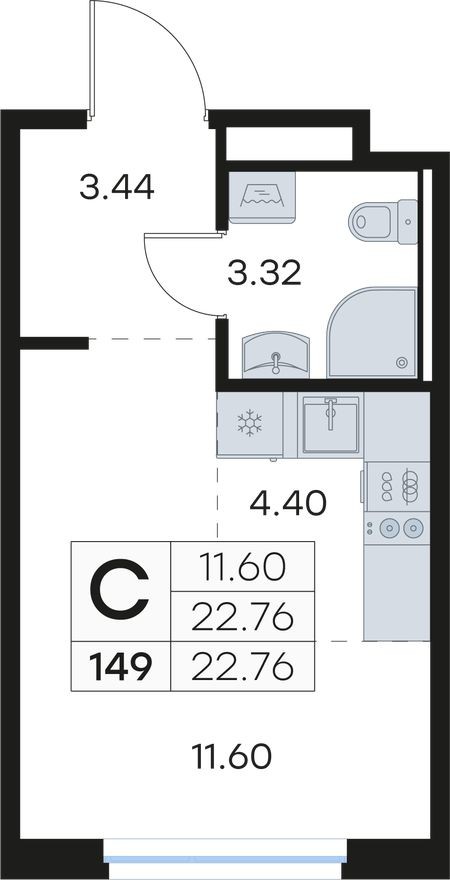Студия-квартира, 22.8 м²