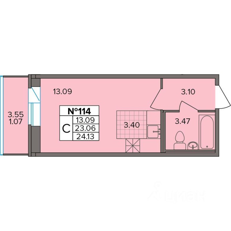 1к. квартира, 24.1 м²