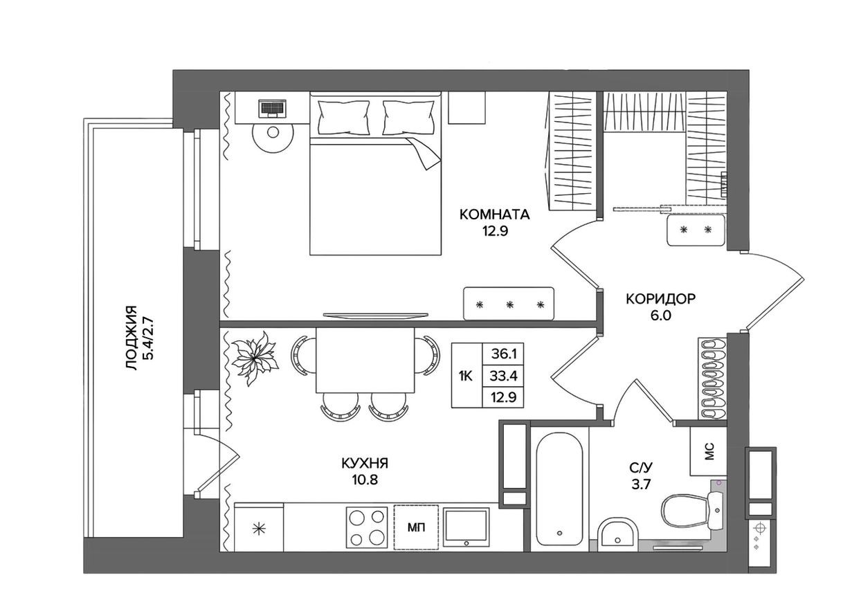 1к. квартира, 36.1 м²
