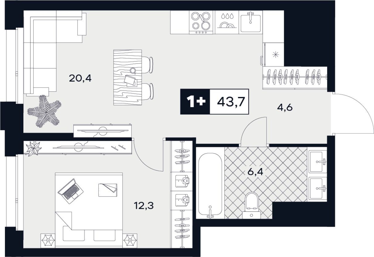 1к. квартира, 43.7 м²