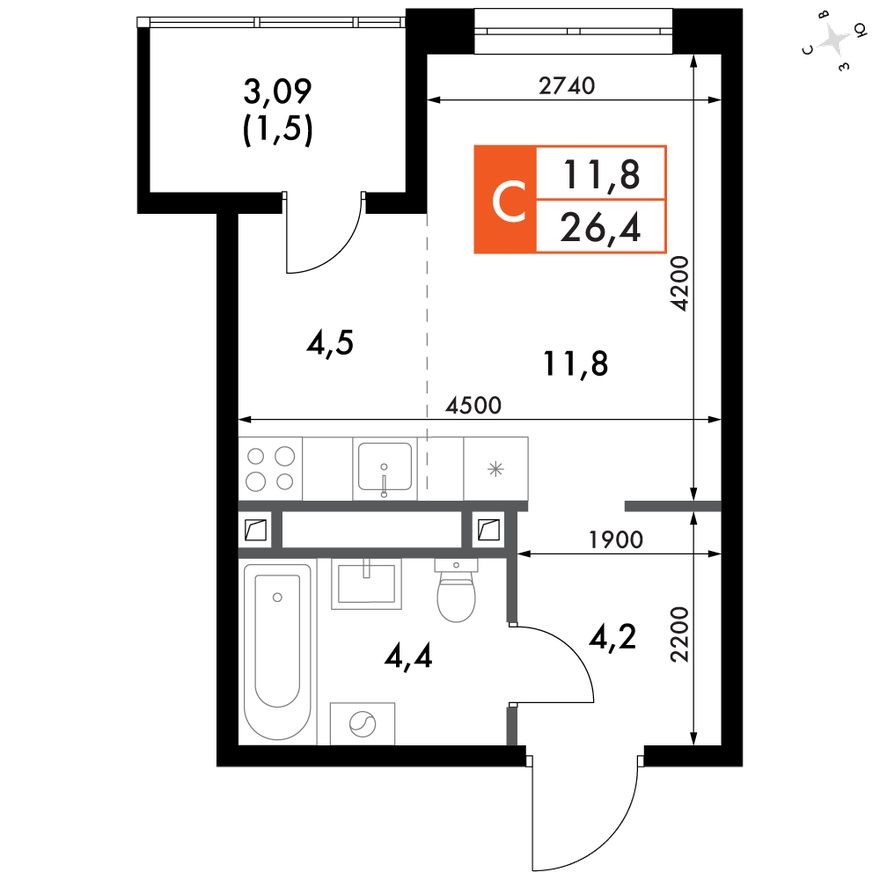 Студия-квартира, 26.2 м²