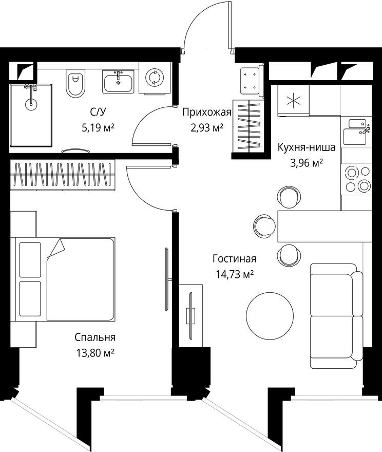 1к. квартира, 40.4 м²