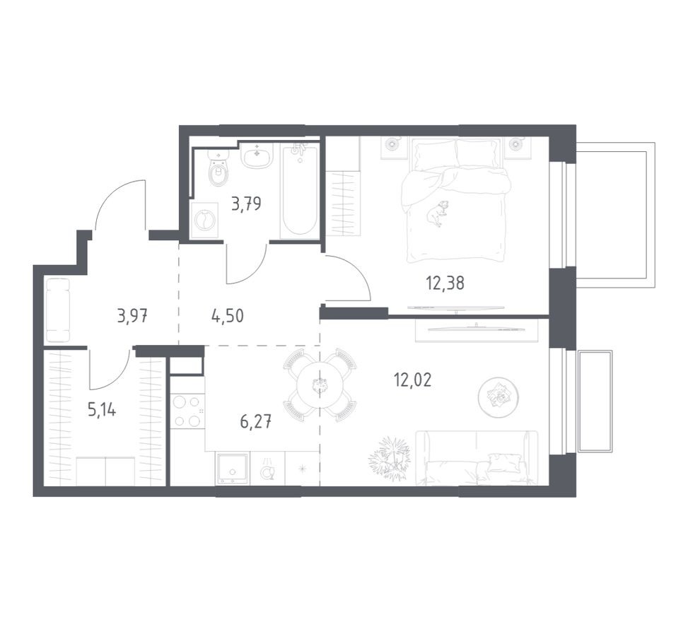 1к. квартира, 48.1 м²