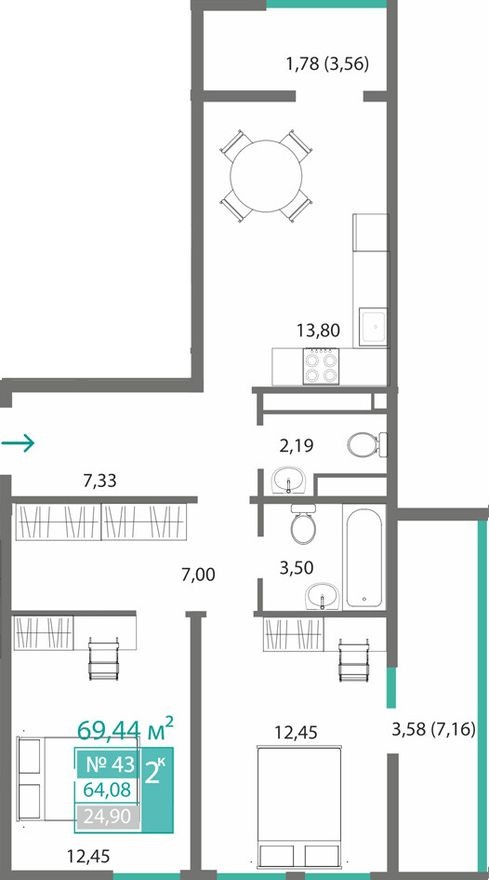 2к. квартира, 64.1 м²
