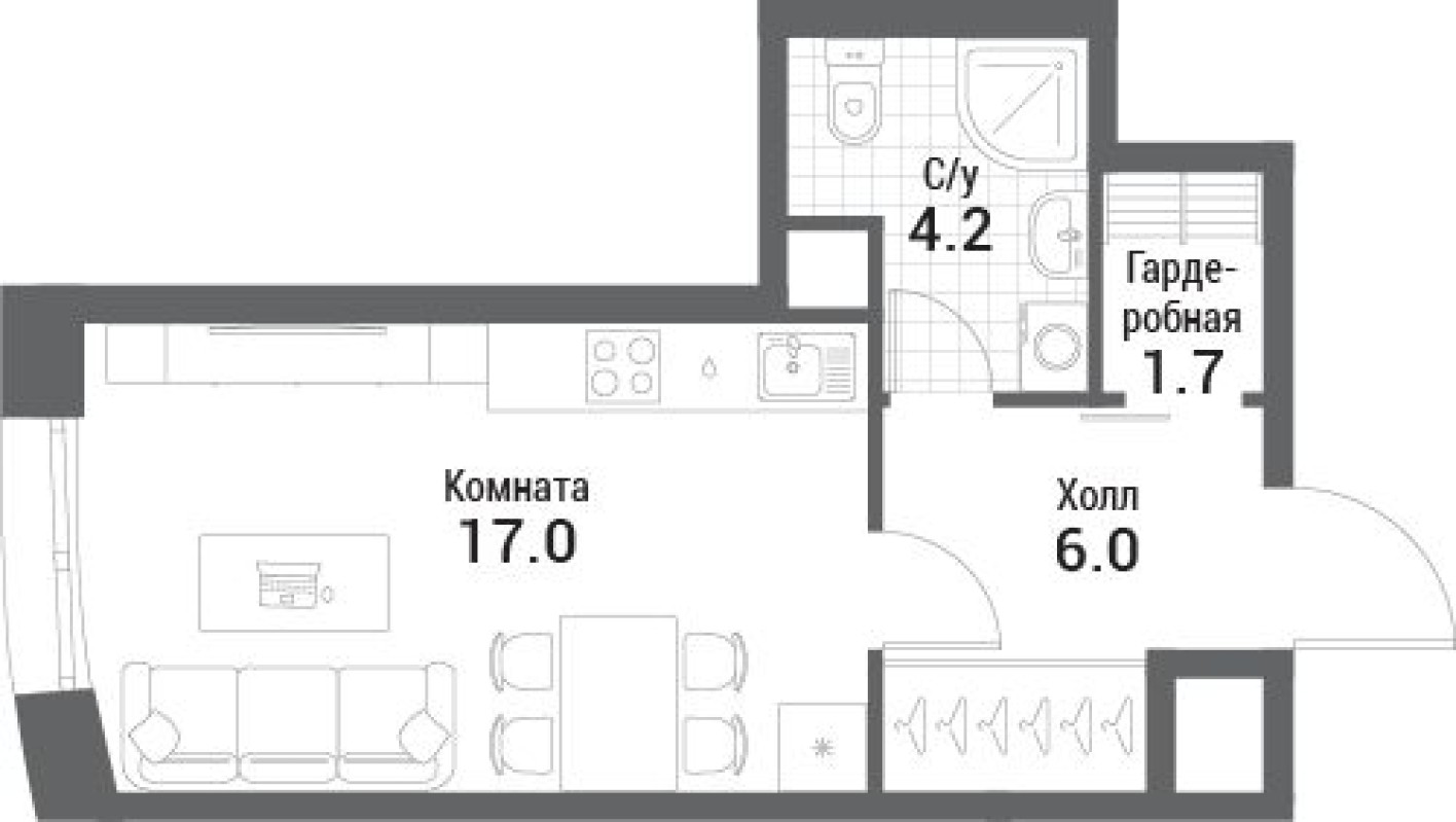 9к. квартира, 28.9 м²