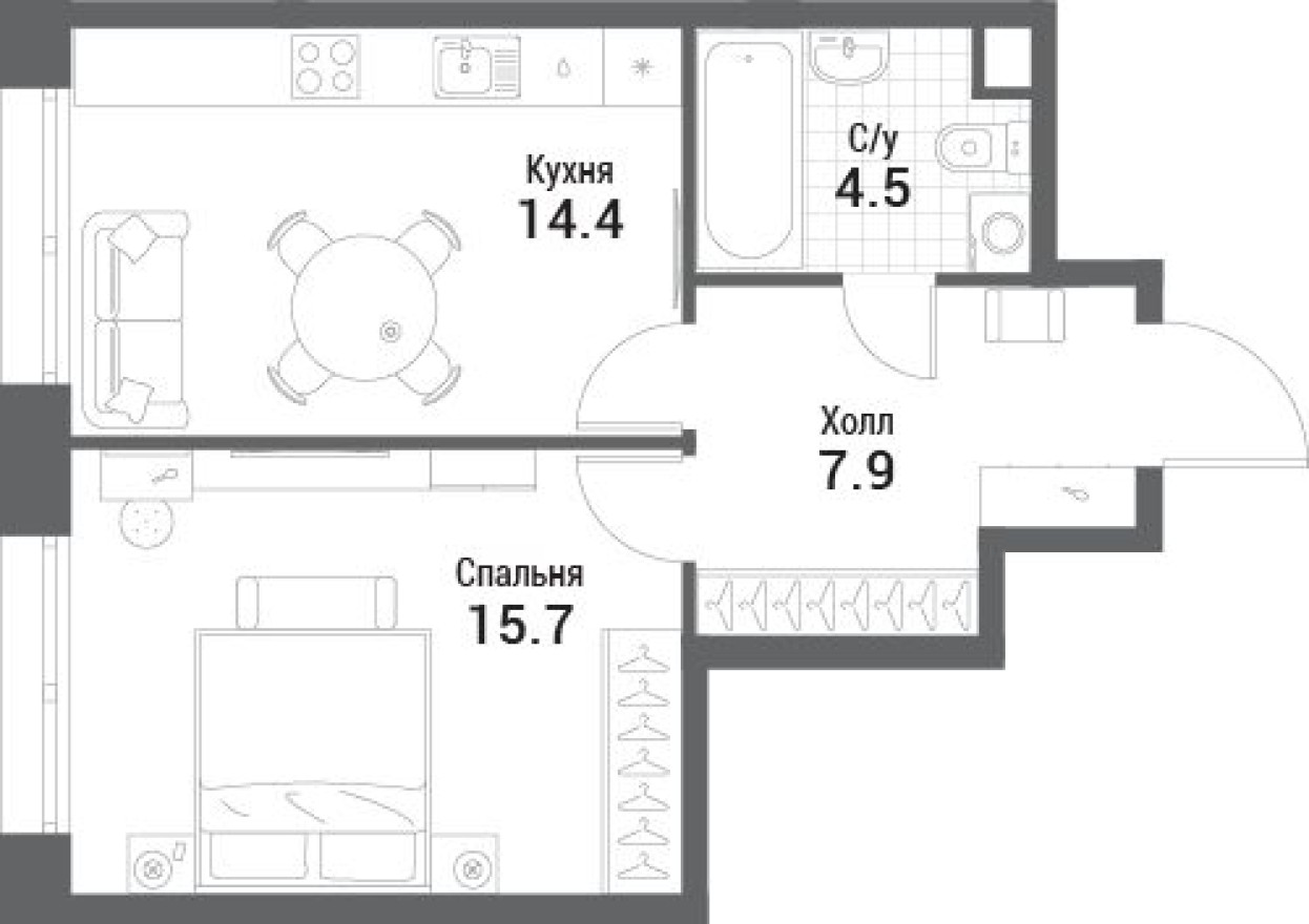 1к. квартира, 42.5 м²