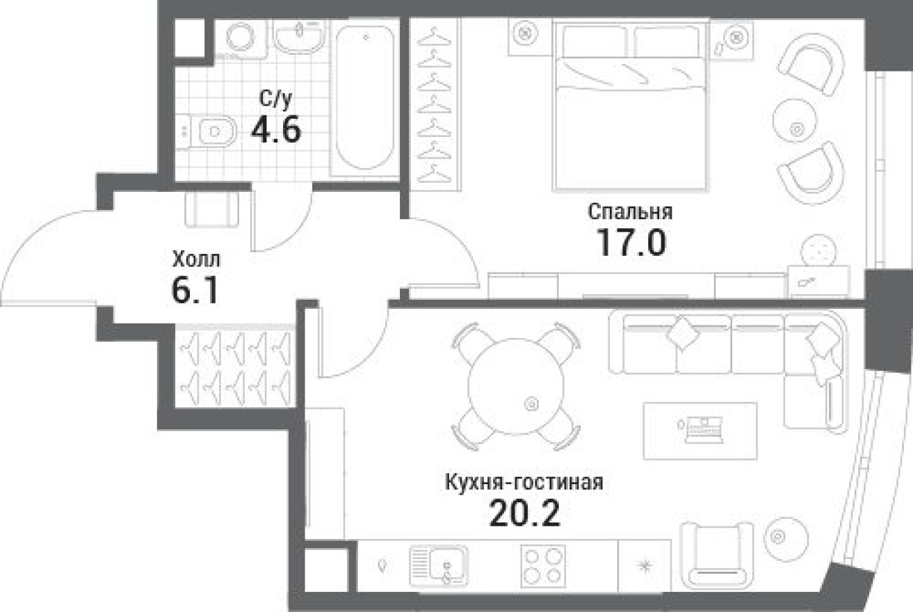 1к. квартира, 47.9 м²