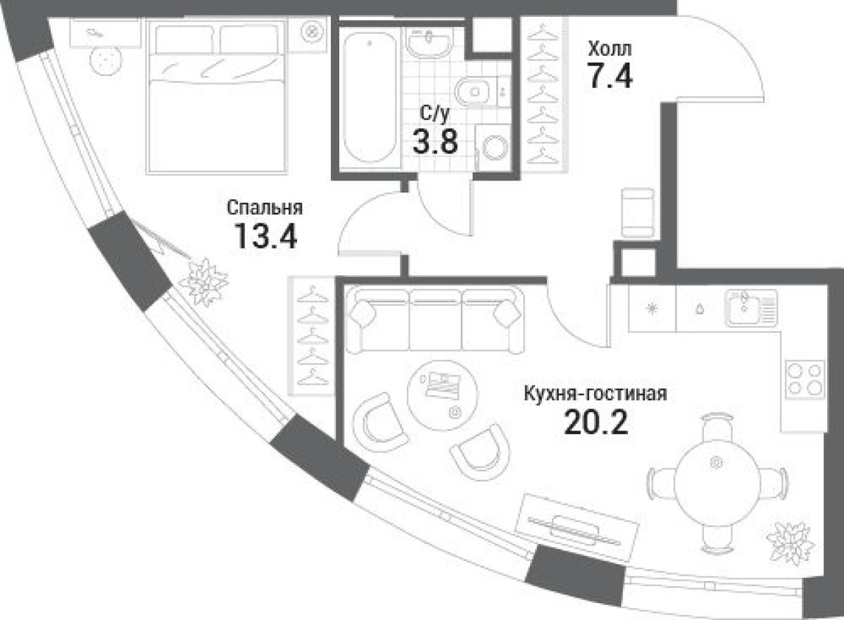 1к. квартира, 44.8 м²
