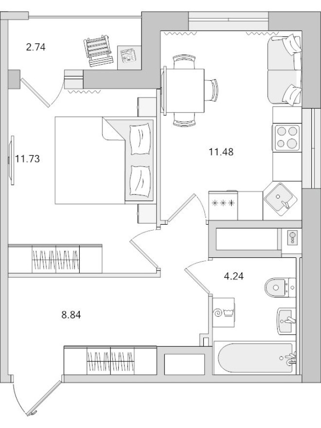 1к. квартира, 39.0 м²