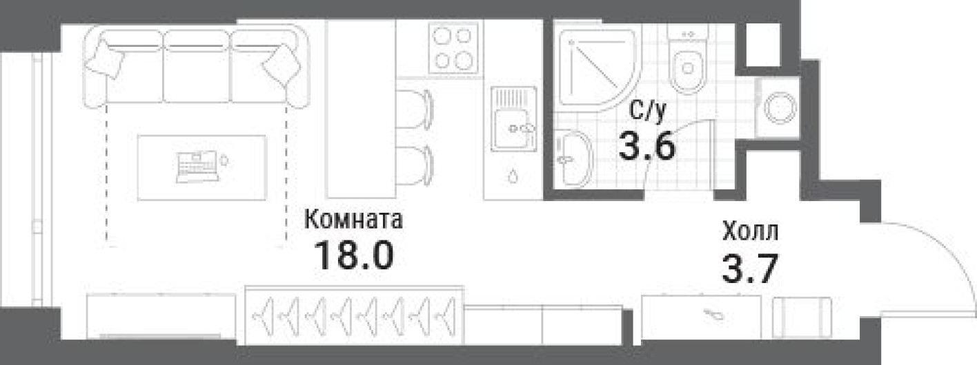 9к. квартира, 25.3 м²