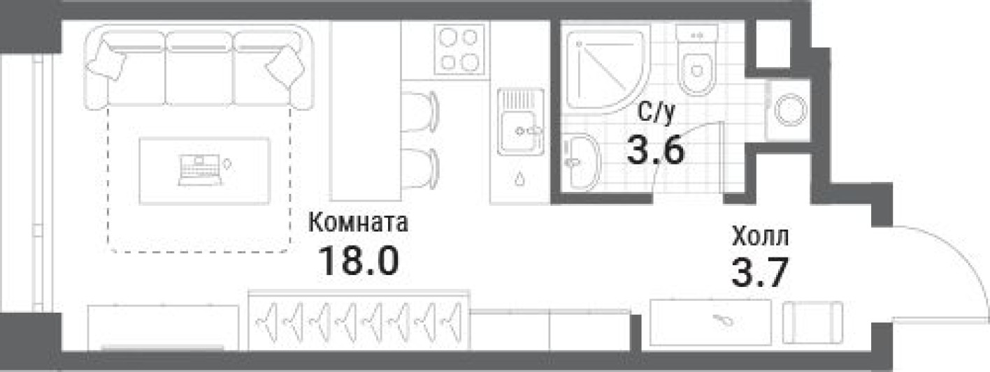9к. квартира, 25.3 м²