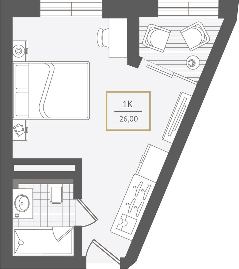 1к. апартаменты, 26.4 м²