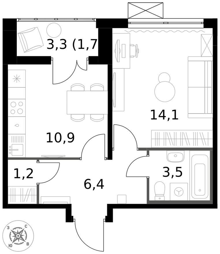 1к. квартира, 37.8 м²