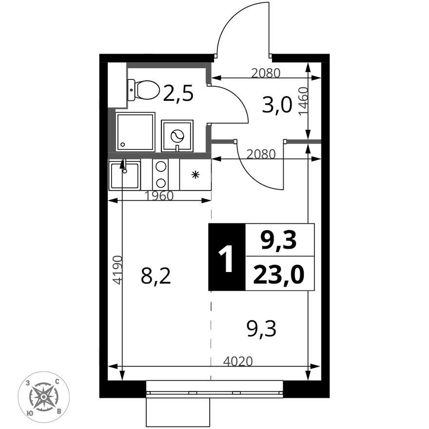 Студия-квартира, 23.0 м²