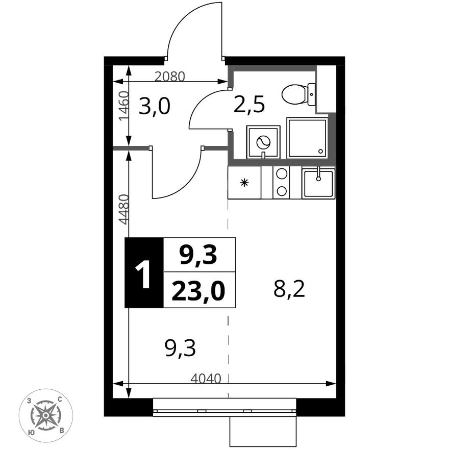 Студия-квартира, 23.0 м²