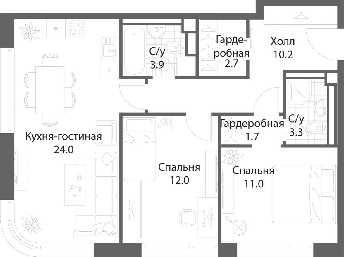 2к. квартира, 68.6 м²