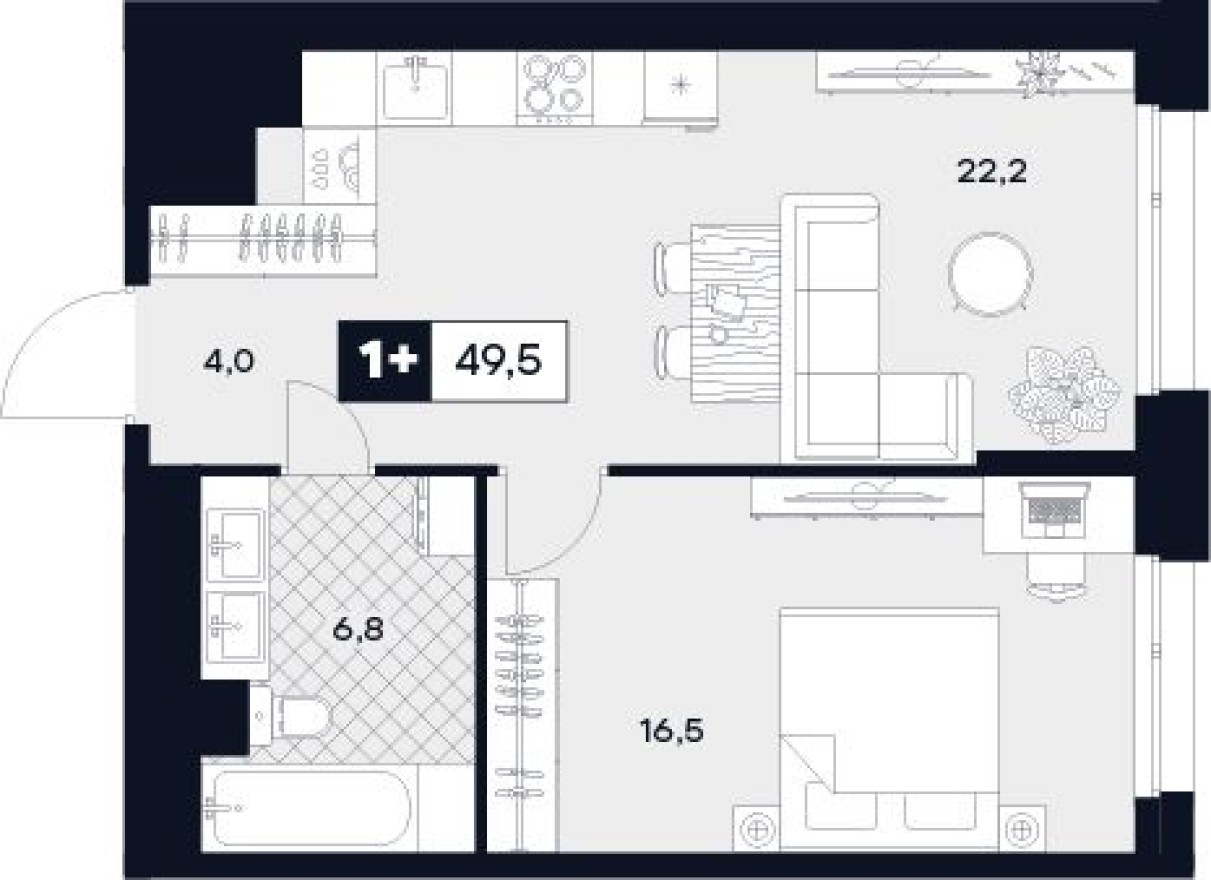 1к. квартира, 49.5 м²