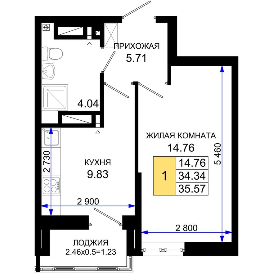 1к. квартира, 35.6 м²