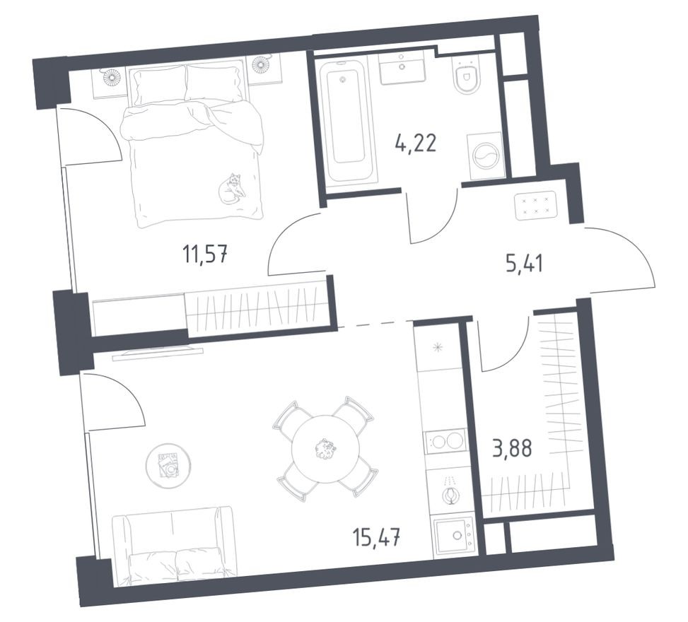 1к. квартира, 40.6 м²