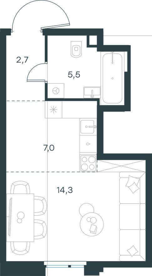 1к. квартира, 29.5 м²