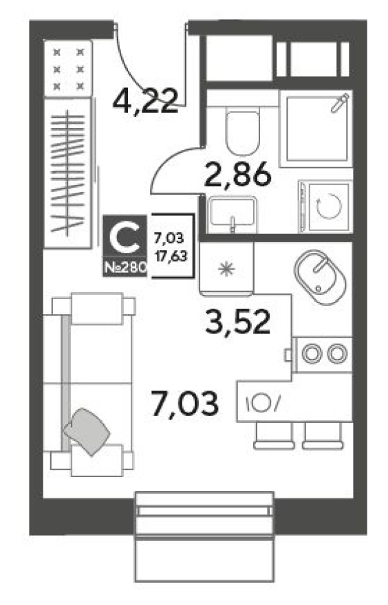 Студия-квартира, 17.6 м²