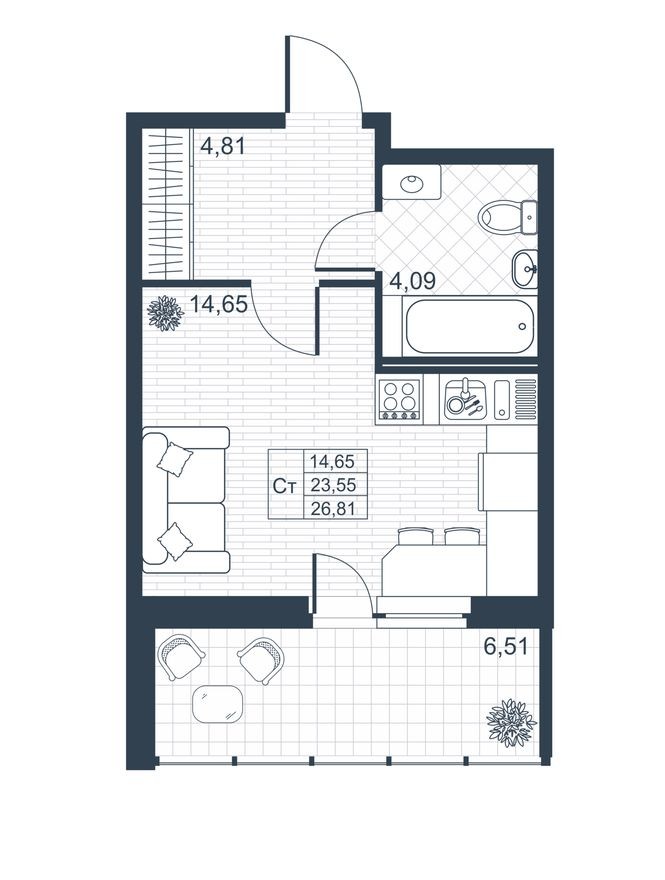 Студия-квартира, 23.3 м²